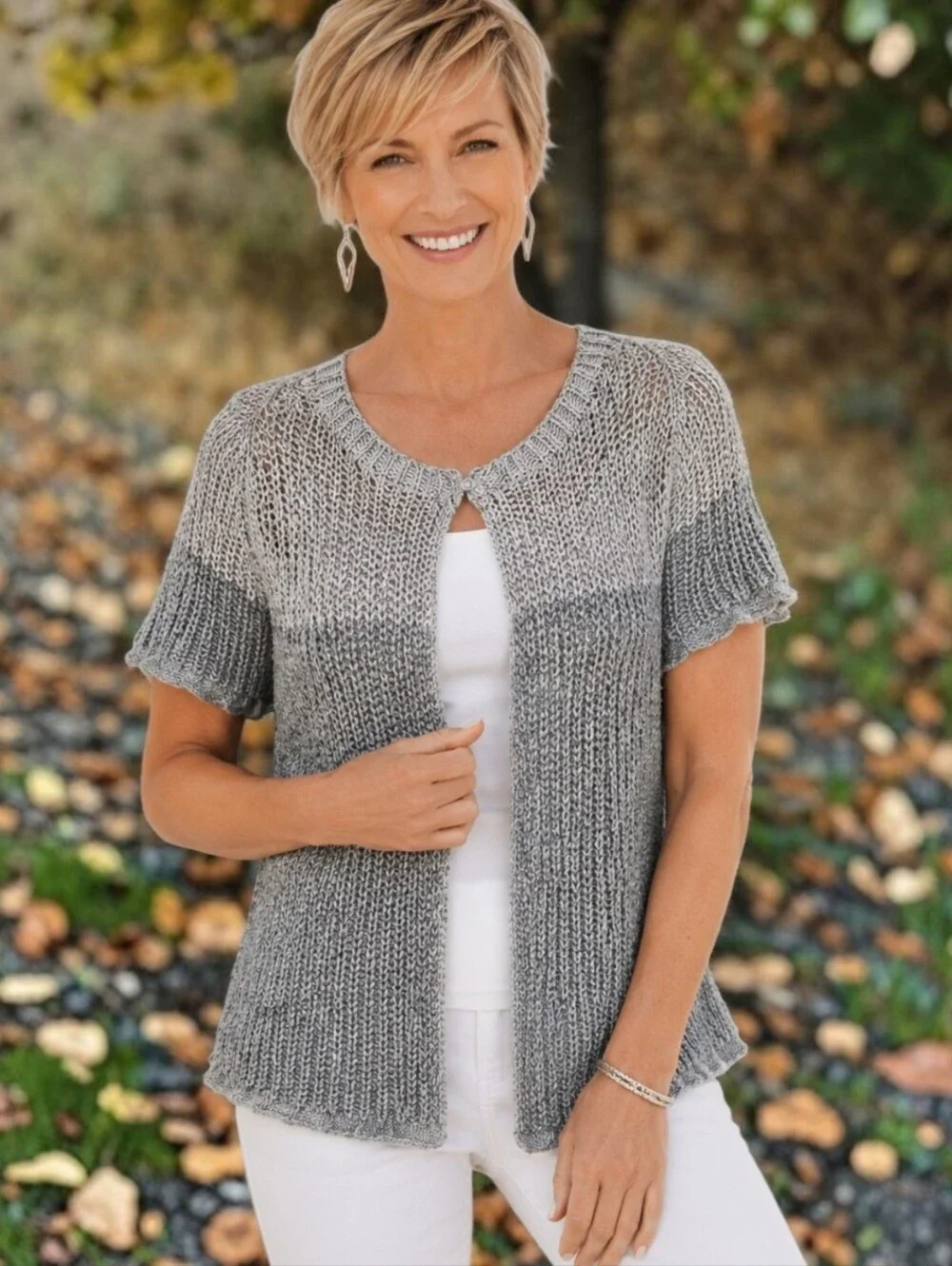 Chicos Open Knit Cardigan Sz 0 S‎ Sweater Short Sleeve Shrug Capsule Luxury Gray